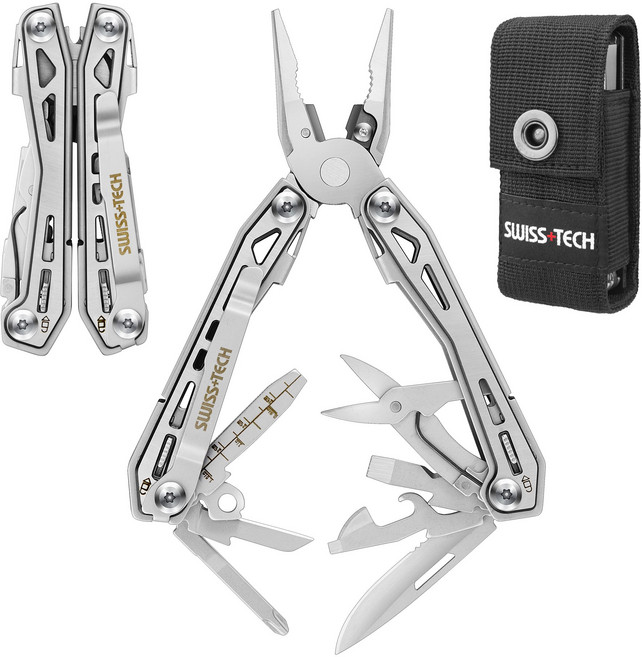 SWISS+TECH 16in1 EDC 다기능 플라이어 아웃도어 멀티툴 서바이벌 도구 커터 톱 병따개 수납가방 포함 야외 DIY 등산 캠핑용, 1개, 실버