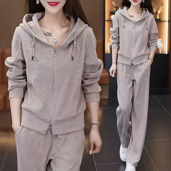 [베스트셀러] 지고다그 여성 봄가을 면 트레이닝 세트 빅사이즈 후드 집업 캐주얼 운동복 상하의 세트 HH4277