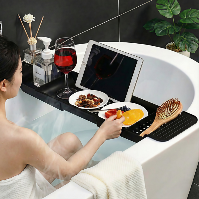 쿤스테이 미끄럼방지 길이조절 욕조 트레이, 블랙, 1개