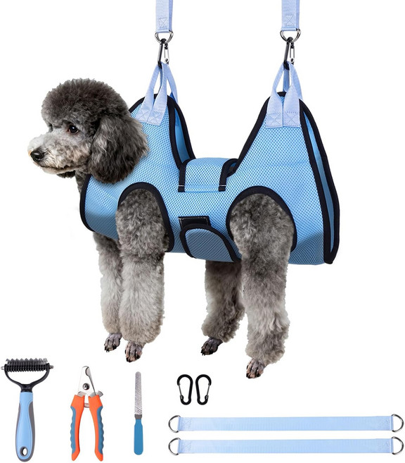 Jieffifa 강아지 그루밍 해먹 고양이 손톱 다듬기용 소형 발톱 관리용 하네스 걸이 두꺼운 천 목 지지대가 있는 슬링 홀더 블루, Pink