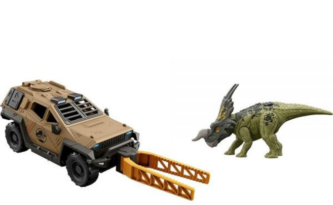 Mattel 쥬라기 월드 트럭 & 에이니오사우루스 공룡 액션 피규어 장난감 세트 플립 앤 롤 기능 미션 메이헴 차량