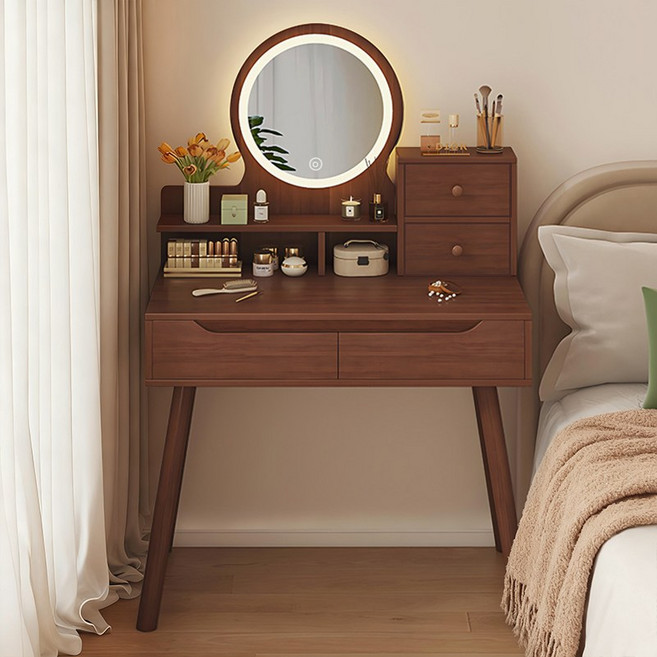 오솜 화장대 거울 LED 서랍형 테이블, 브라운