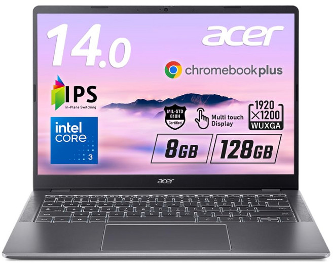 Acer Chromebook Plus 514 Core 3 N355 AI 8GB 128GB SSD WUXGA 16:10 IPS 1.4Kg WiFi 6E MIL-STD-8, Chrome OS