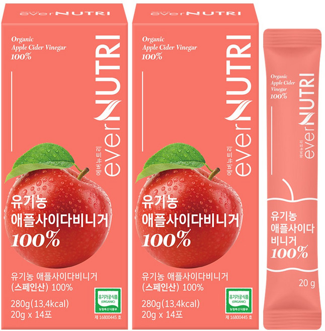 에버뉴트리 스페인산 유기농 애사비 100% 애플사이다비니거, 2개, 280g
