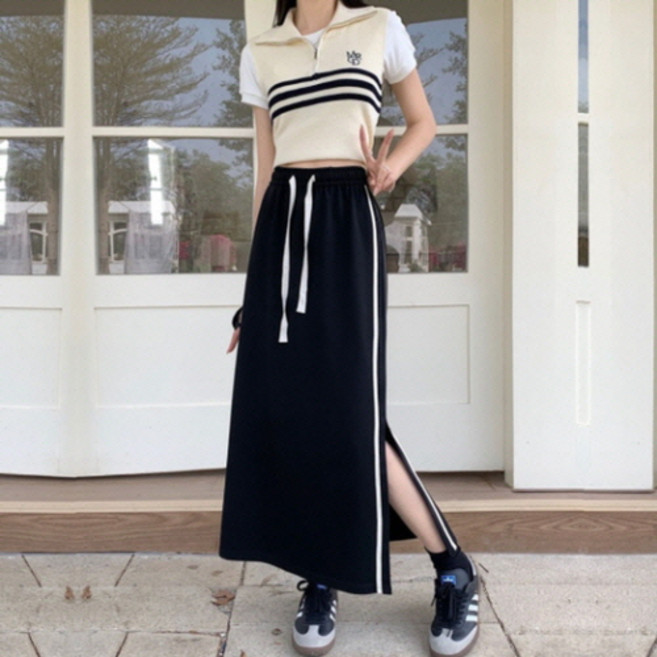 뉴욕멋쟁이 지아 배색 트임 밴딩 롱스커트