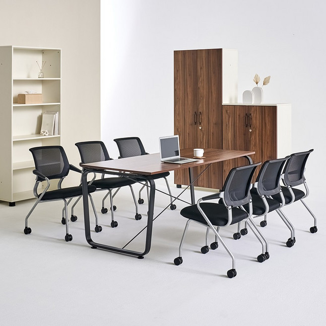 데임 회의테이블 4인 6인 로라 테이블의자세트, 블랙프레임/오크+로라블랙6