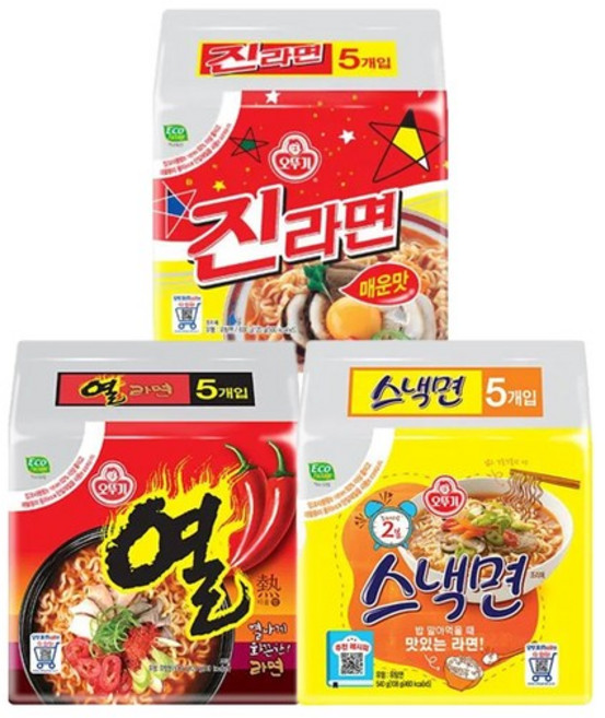 진라면 매운맛 5입 + 열라면 5입 + 스낵면 5입, 없음