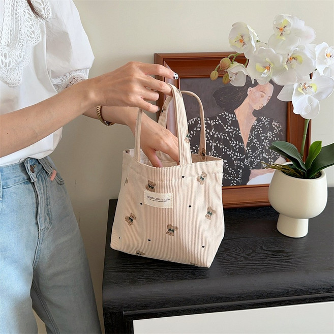 redcorner 코듀로이 손가방 골덴 골지 가방 토트백 에코백 베어 핸드백 피크닉 도시락 휴대폰 가벼운 여성 외출용 가방 소형