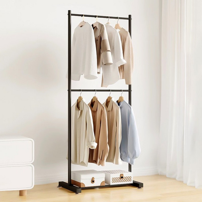 이동식 2단 행거 다용도 옷걸이행거 철제 기둥식 스탠드옷걸이 시스템 행거, 블랙