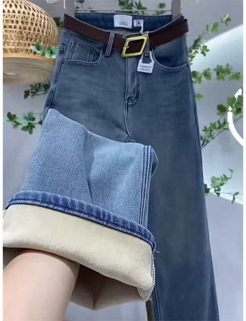 新款牛仔褲 刷毛加厚女 直筒寬褲