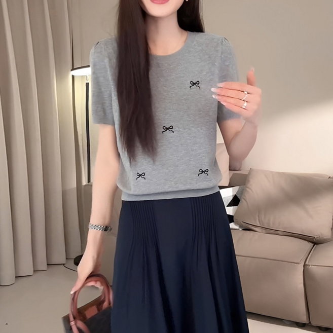 女款顯瘦蝴蝶結針織短袖上衣, M（100斤以內）, 灰色