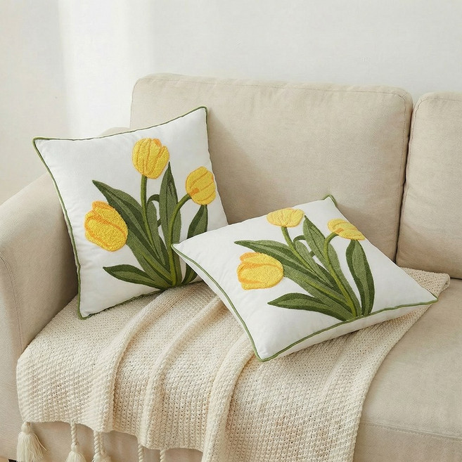 포근달 북유럽 꼬자수 쇼파쿠션 핸드메이드 침대 등받이 쿠션 솜포함, 노랑+그린