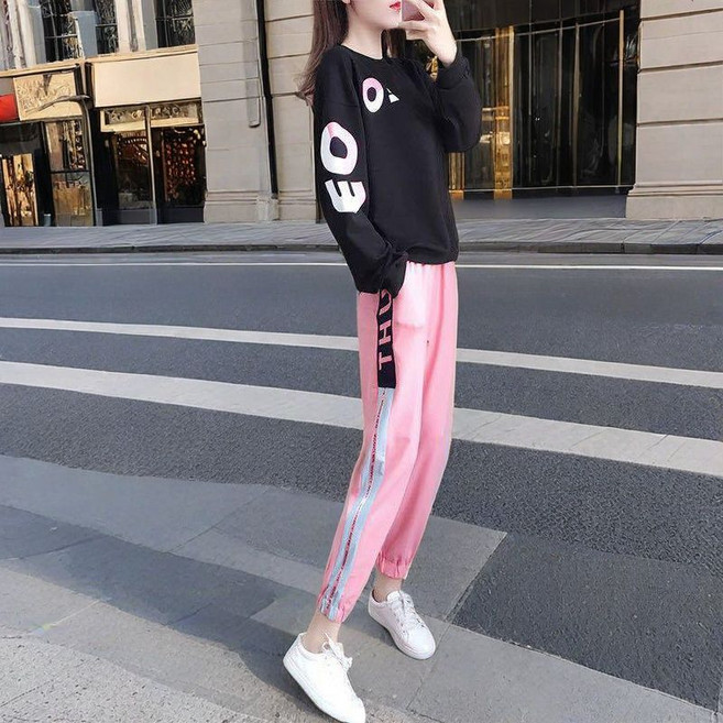 besteffie 여성 캐주얼 트레이닝복 세트 봄 가을 코튼 혼방 블렌드 레터 프린트 배색 디자인 루즈핏 세트 K19