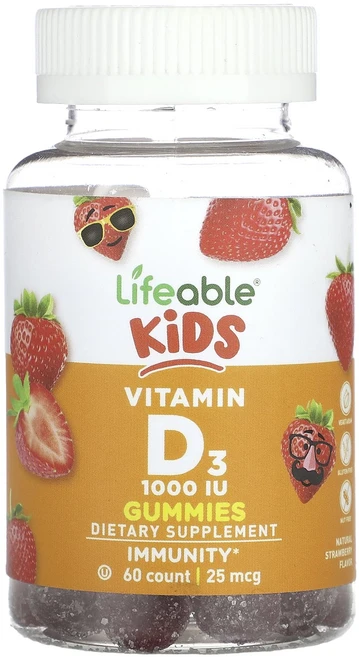 Lifeable 어린이용 비타민D3 구미젤리 천연 딸기 맛 25mcg(1000IU) 구미젤리 60개, Lifeable어린이용비타민D3구미젤리천연딸기맛25mc, 1개, 60정 - 쿠팡