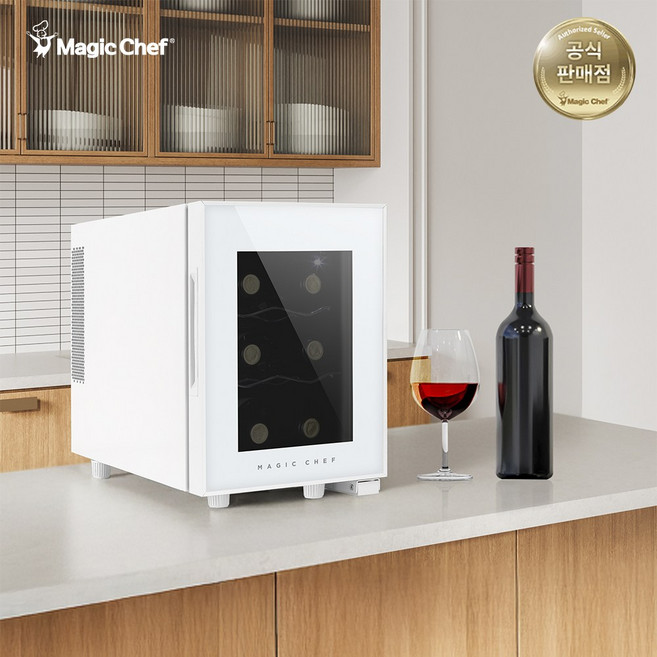 [공식판매] 매직쉐프 미니 와인냉장고 6병 와인셀러 화이트에디션 저소음 무진동 와인거치대 반도체 냉각, MEW-6DW