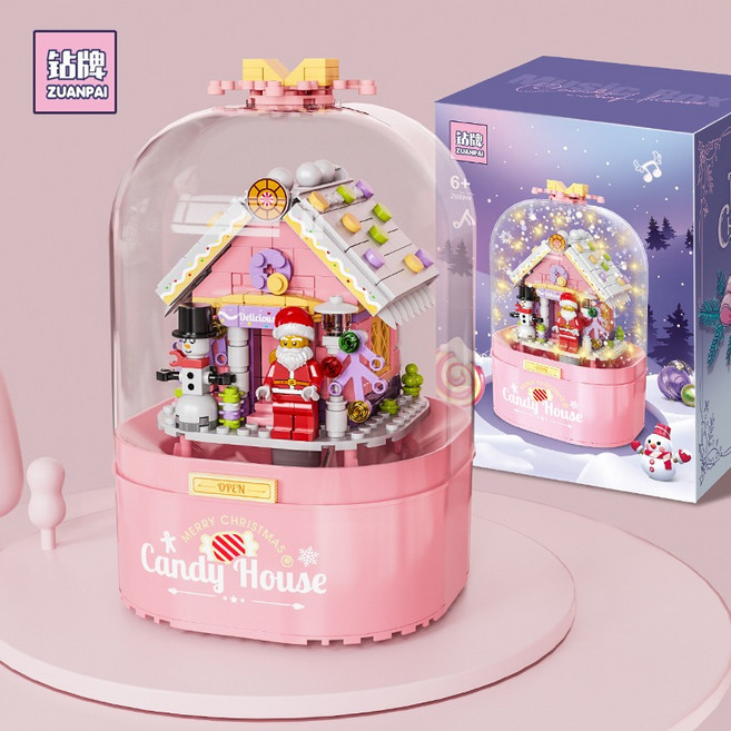 鑽牌聖誕飄雪音樂盒積木 旋轉音樂盒, 1個, 粉色糖果屋