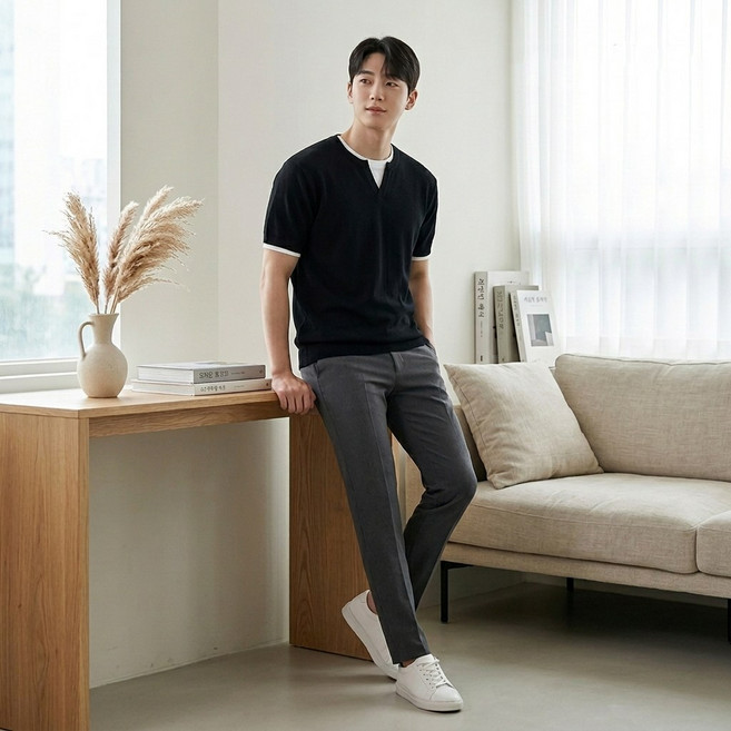 남성 여름 니트 반팔 티셔츠 루즈핏 레이어드 룩 가짜 투피스 디자인 기본티