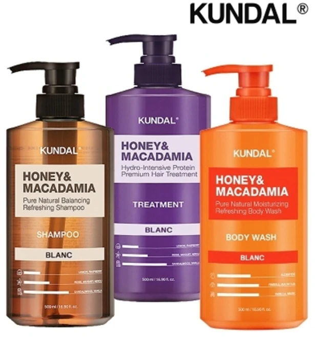 쿤달 허니앤마카다미아 블랑 샴푸+트리트먼트+바디워시 500ml 세트, 1세트, 3개입 - 쿠팡