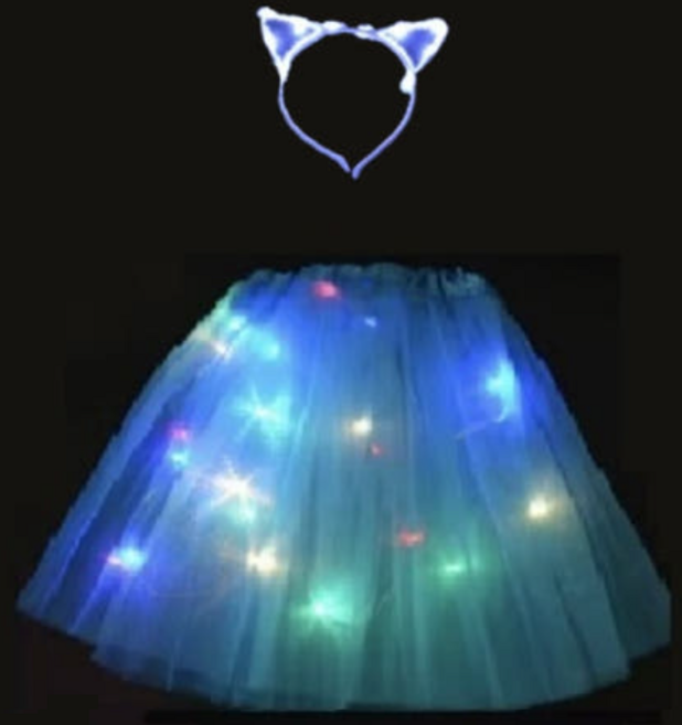 LED 야광 치마 + 고양이 머리띠 세트 생일파티 크리스마스 할로윈 재롱잔치 발레 스커트, 블루