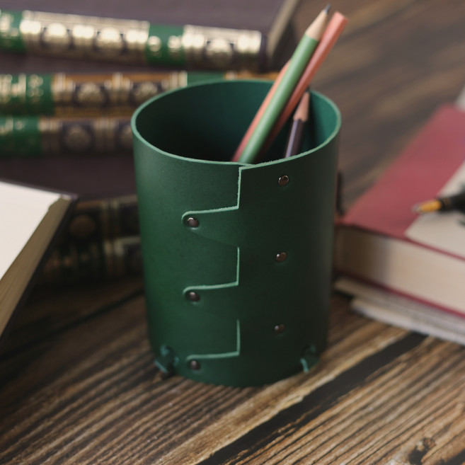 705 가죽 공방 빈티지 연필 만년필 꽂이 펜 트레이 연필통 책상 꾸미기 데스크 필통 오피스 수납함 용품 필기구 정리 수납, 그린