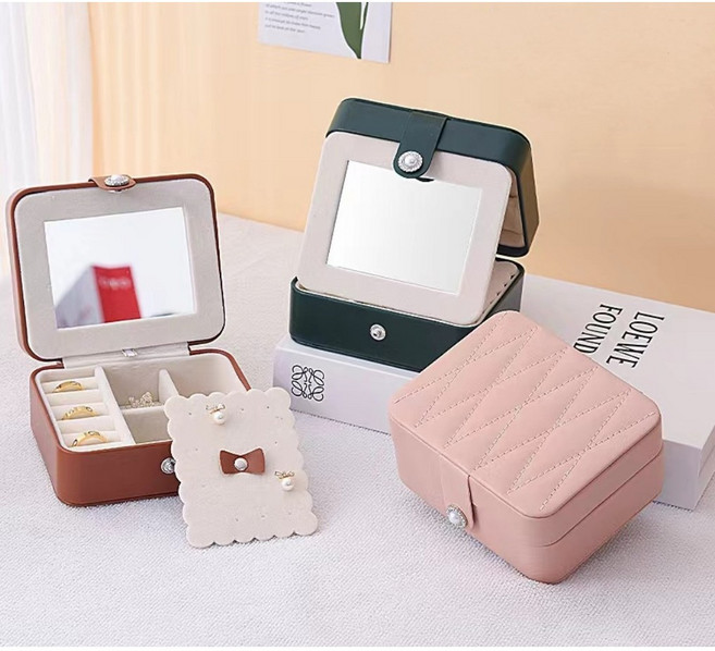 가피바라 거울있는 2단 미니 여행용 악세사리 보관함 귀걸이 반지 보관함, 1개, 블랙