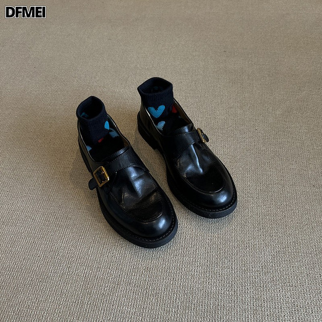 DFMEI 牛皮真皮厚底樂福鞋春秋單鞋黑色百搭鞋子英倫學院風小皮鞋女