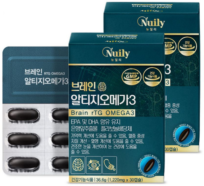 뉴일리 징코 알티지 오메가3 2박스 은행잎추출물 노르웨이산 정제어유 홍삼농축분말, 30정