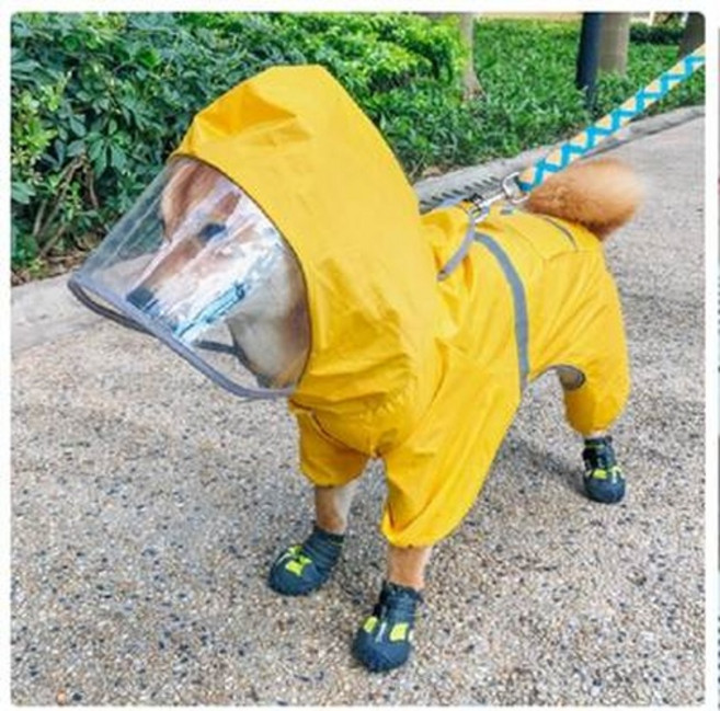 狗狗連身雨衣 寵物防水服裝 附透明面罩 雨鞋 反光條, 狗狗雨衣四腳全包犬寵物雨披泰迪小型狗柴犬雪納瑞雨天衣服防水（13-16公斤), 1個