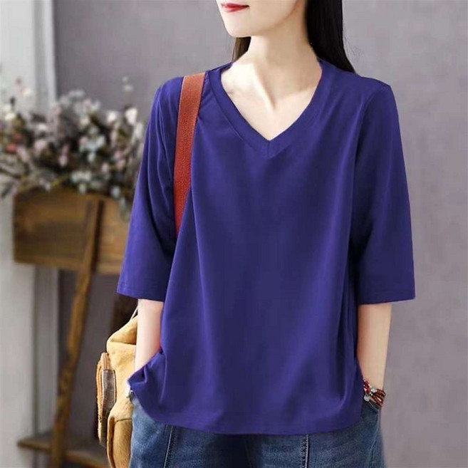 여성 봄여름 심플한 디자인 브이넥 칠부 소매 티셔츠 편안한 면 소재 Z10