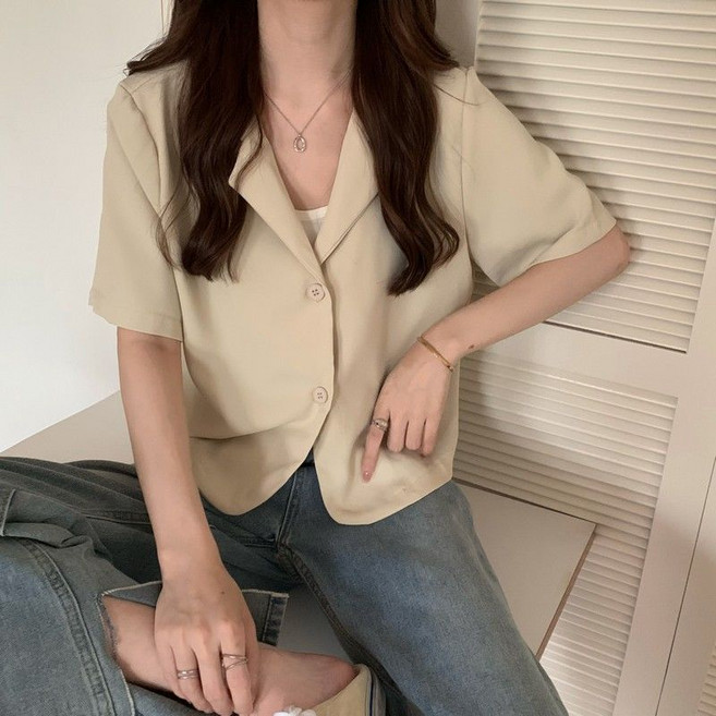 學院風薄款短版休閒短袖西裝外套 - 韓版女