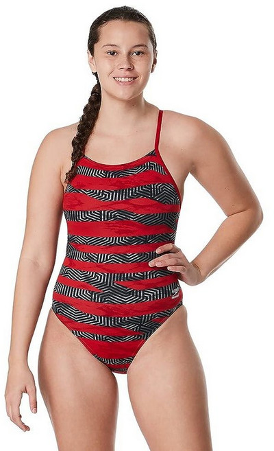Speedo 스피도 여성용 수영복 원피스 Endurance+ 크로스 백 프린트 성인 팀 색상 블랙 353870 5548071302, 20, Contort Speedo Red