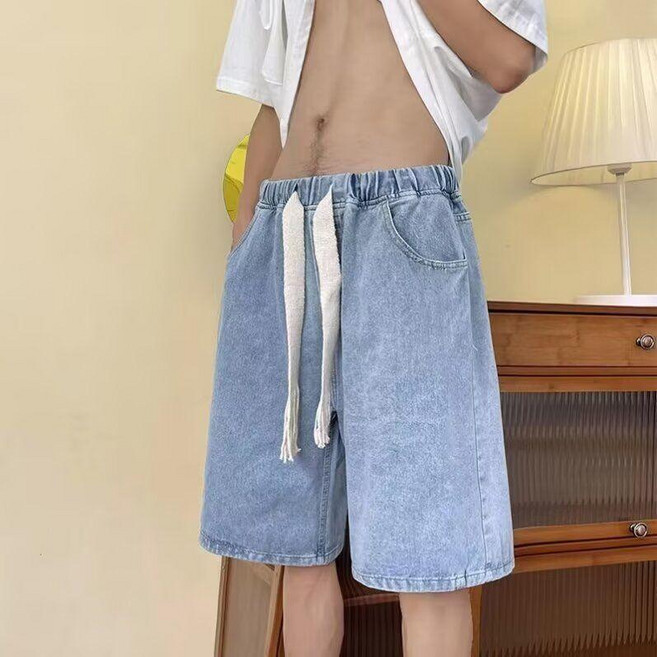 美式寬鬆破洞牛仔短褲男休閒抽繩五分褲