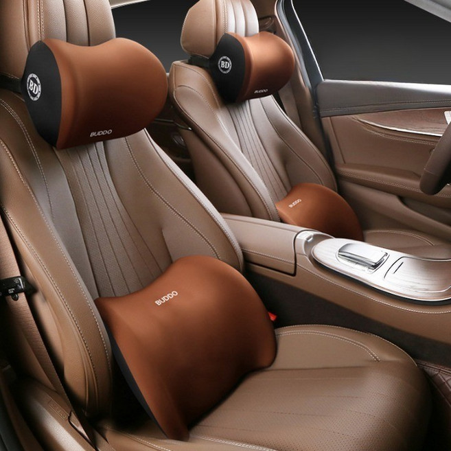 보담다 차량용 메모리폼 목쿠션 허리쿠션 세트, 브라운, 1세트