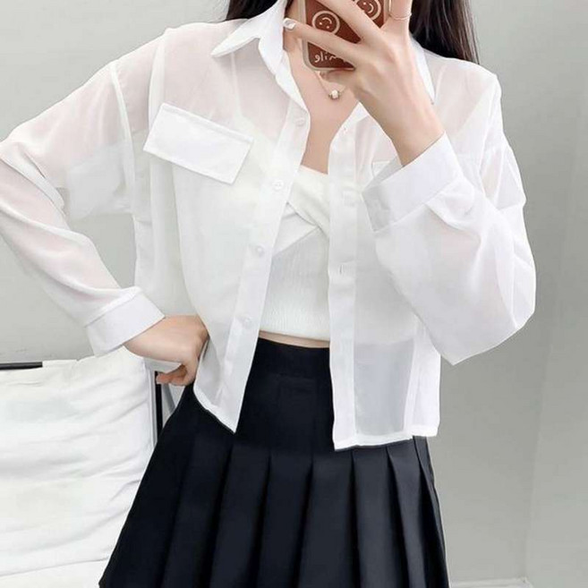더벨러리 여성 시스루 크롭 셔츠 블라우스 BCB4914 숏 짧은 오피스룩 하객룩