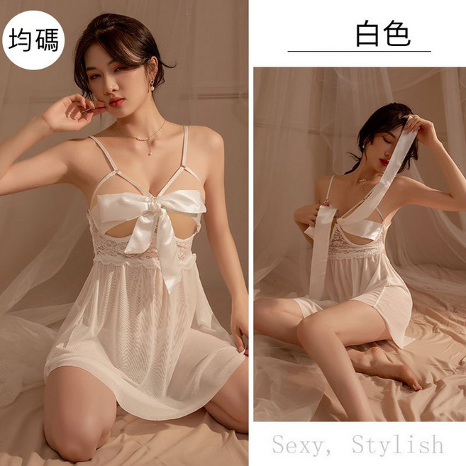 人魚朵朵 法式蕾絲蝴蝶結睡衣裙 緞面薄紗性感睡裙