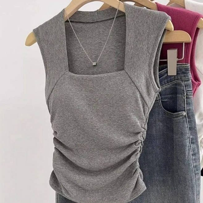 해피유통 여성용 크롭나시 베이직 나시 슬림 스퀘어넥 패드 셔링 스포츠 브라 이너 상의 LWJ