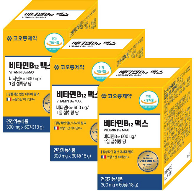코오롱제약 비타민 B12 맥스 프랑스산 원료 정상적 엽산대사에 필요 단일성분, 3개, 60정
