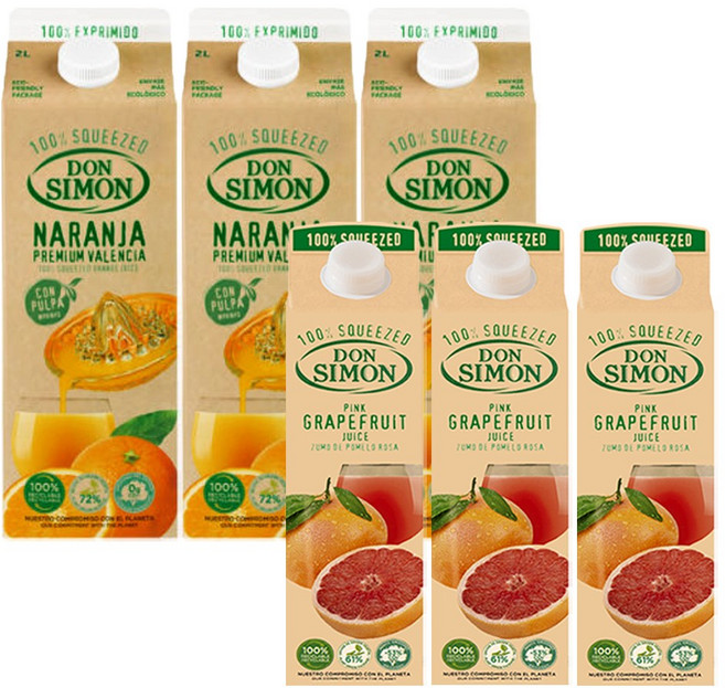 돈시몬 100%착즙주스 오렌지2L 3개+자몽1L 3개 (총6개) 음료수생과일어린이, 1.5L, 6개
