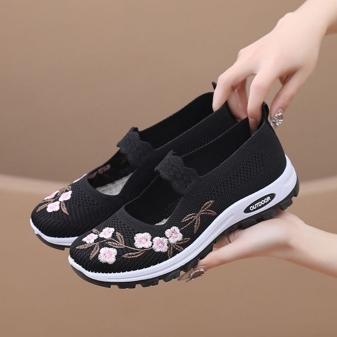 쌍천 중장년 엄마 신발 미끄럼 방지 캐주얼화 플랫 자수 할머니 신발 편한 니트 단화 쌍천 A26042113