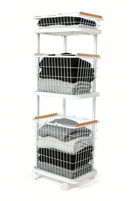 리빙가감법 철제 와이어 빨래 바구니 이동식 빨래통 세탁바구니 수거함 보관함 대용량 3단 빨래바구니 철재, 화이트, 1개