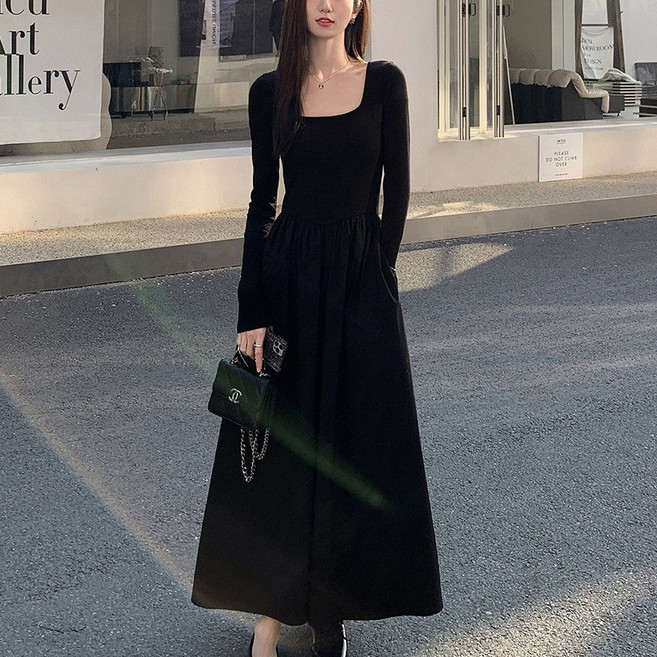 春秋季新款法式方領連衣裙 氣質收腰顯瘦長袖長裙 INS風A字裙 -, 黑色,XL
