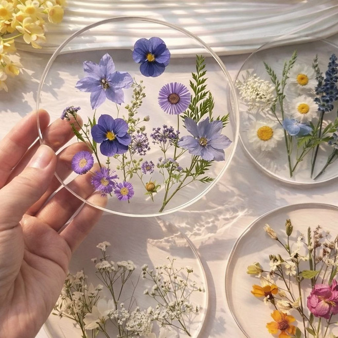 컵받침 투명 아크릴 티타임 포토 카페 테이블 꾸미기 플라워, 원형 보라꽃 2입