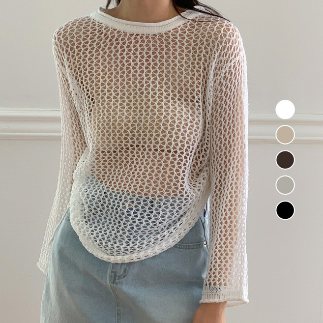 [국내제작] 여성 여름 스카시 긴팔 티셔츠 스트링 라운드 루즈핏 여름니트 크로셰 그물 망사 메쉬 시스루 커버업