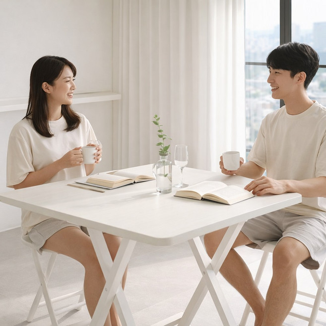 하이퍼랙 E0등급 업그레이드 무조립 안전한 접이식식탁 식탁보세트, 2인용, 화이트