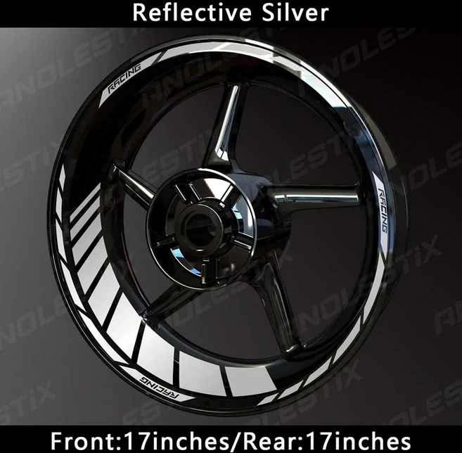 AnoleStix 17 인치 YAMAHA Honda Kawasaki Suzuki BMW KTM Triumph 반사 오토바이 휠 스티커 허브 데칼 림, 12 Reflective Silver