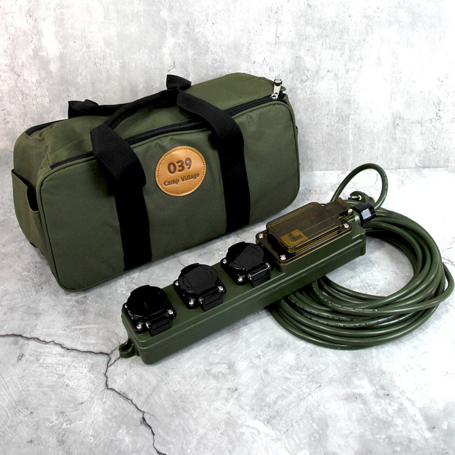 원스탑 캠핑 방우형 누전차단기 멀티탭 전기연장선 가방세트 3구, 1개, 카키, 20m