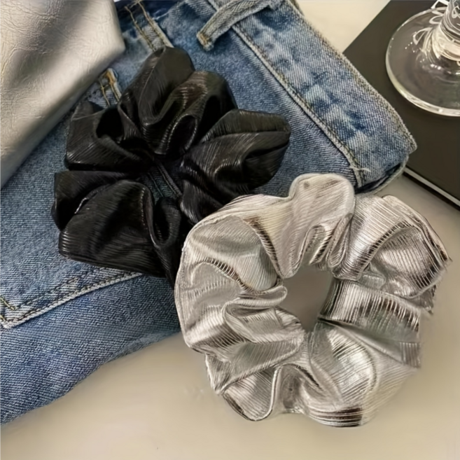 고급스러운 광택 텍스처 메탈릭 레더 헤어슈슈 곱창밴드 2종 세트