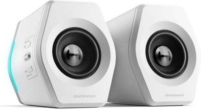 에디파이어 G2000 RGB 게이밍 스피커 32W 피크 파워 컴팩트 디자인 PCPS4데스크탑용 블루투스 5.1 3.5mm AUX 게임영화음악 모드 12가지 조명 효과 - 화이트, white