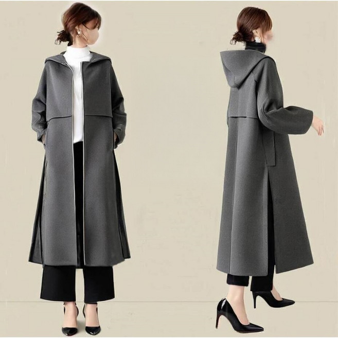 삼제태전 여성 모직 코트 봄가을 중간 길이 후드 트임 디자인 스타일리시한
