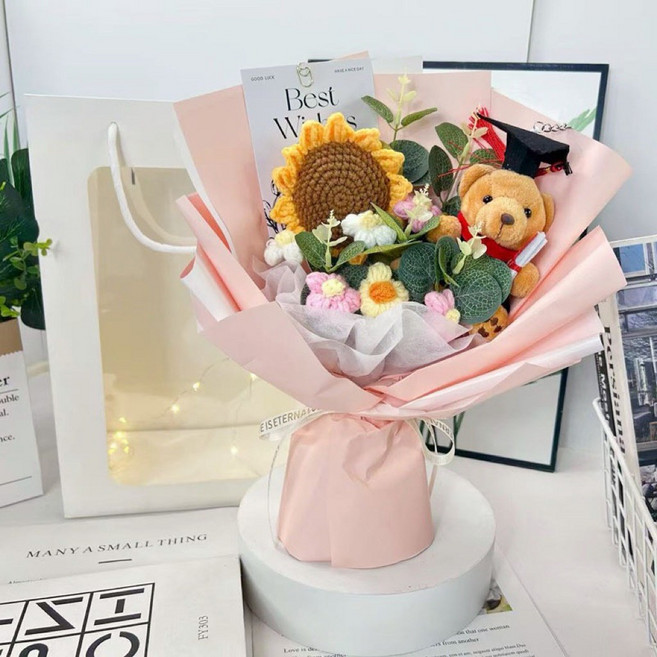 畢業花束 娃娃花束 向日葵 畢業小熊 畢業生禮物, 粉色包裝 小熊+ 手提紙袋, 1個